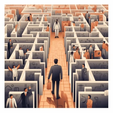 clipart business-person standing in front of a complicated maze made of office cubicles, in the cubicles there are people working behind desks with computers