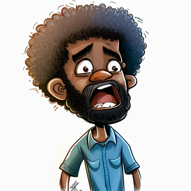Draymon, 40 year old black man, illustration for children's book, 40 years old, curly black and gray faded flat top afro, large eyes, wearing blue jeans, blue shirt, brown shoes, full beard, full lips, eyes wide, mouth wide open showing teeth, sreaming expression, Watercolor Clipart, strybk, full Illustration, 4k, sharp focus, watercolor, smooth soft skin, symmetrical, soft lighting, detailed face, watercolor style, strybk, Octane rendering, 3d. Perfect face, detailed face, delicate face, perfec