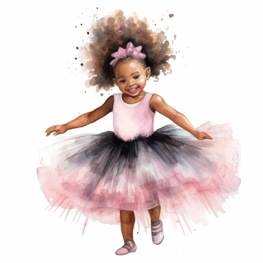little black girl dancing in tutu, watercolor, pastels, whitebackground, clipart