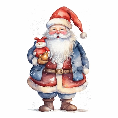 watercolor Christmas Santa Claus clipart with margins, digital watercolor, for children’s book, design lovely style, cartoon funny, simple watercolor, white clean background