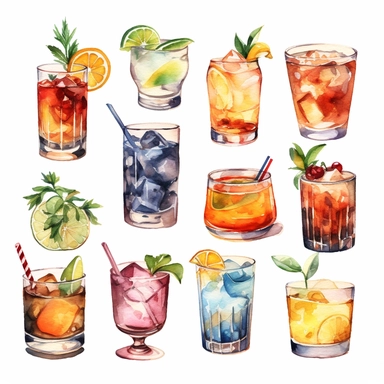Alcohol cocktail collection. Watercolor illustration. Drinks clipart