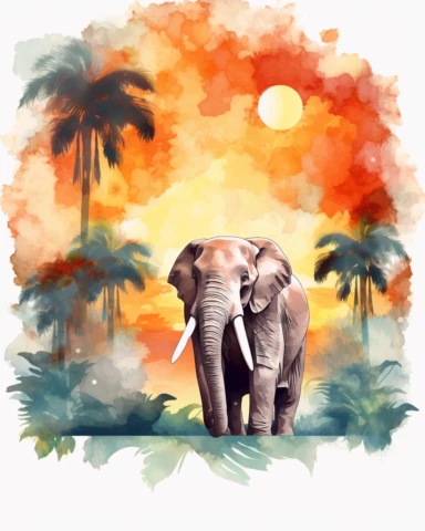 Elepfant in the jungle at sunset cartoon watercolor clip art, white background, logo vector