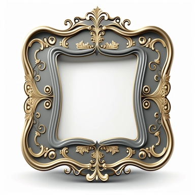 A single vintage gold frame clipart with a glossy, reflective finish and a rounded rectangular shape. The intricate details of the frame are highlighted by the shine of the silver, creating a modern and sleek look. The background is a soft gray with a subtle texture, adding depth and dimension to the design. [1], [2], [3], [4], photography, Close-up macro photography with a wide-angle lens, creating a shallow depth of field and emphasizing the intricate details of the frame. Shot on a Canon EOS 