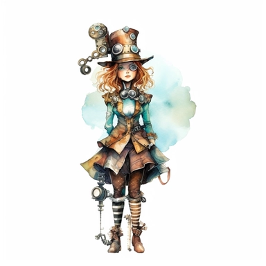 An alice in wonderland character , watercolor steampunk style, white background, clipart