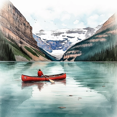 Watercolor clipart of lake louise, one person with red canoe, no watermark, dynamic color, clean and highly detailed, soft color, sharp focused, watercolor art on white background