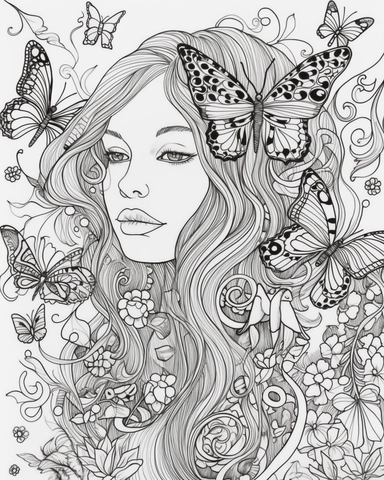The coloring page features a girl surrounded by an array of psychedelic swirls and patterns, created using simple line art techniques. The girl is surrounded by a swarm of butterflies, adding an ethereal and dreamlike quality to the image. The design is filled with a variety of watercolor-related terminology, such as wash, blend, and color bleed, which give the image a sense of fluidity and movement. The colors used are bright and bold, with a range of pinks, purples, oranges, and yellows, that 