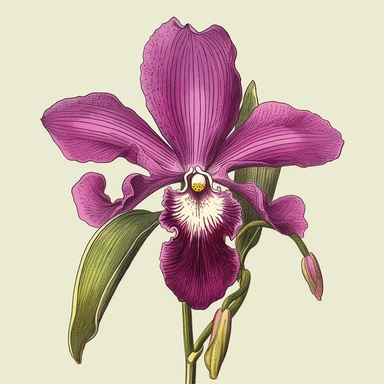 Visualize an intricately hand-drawn orchid clipart. This botanical illustration features a striking, elegant orchid, known for its exotic beauty and grace. The petals are meticulously drawn in a vivid purple tone, capturing the unique, symmetrical form that makes the orchid an emblem of refinement and sophistication. The central column of the orchid, a characteristic feature of the flower, is carefully detailed to highlight its unique anatomy. Supporting this blooming spectacle is a slender, arc