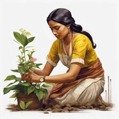 illustration clipart of Asian Indian woman gardening, hyperrealistic, white background