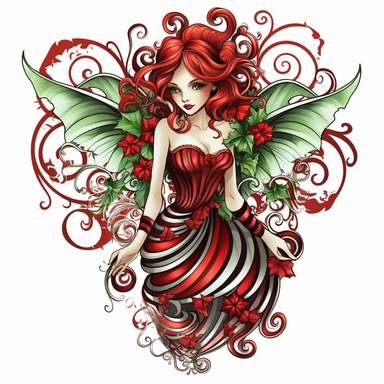 christmas fairy, clipart, red and green, black white stripes, holly, , isolated on white background, in the style of Amy Brown, beautiful christmas floral, bright color, crisp lines, chaos 8