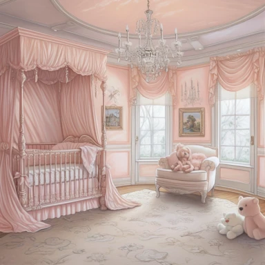 panoramic view, full view, beautiful elegant royal baby girl nursery room drawing painting, frilly, romantic, fantasy, ethereal, light pink and white colors, beautiful crib with beautiful full flowing canopy, beautiful bling crystal chandelier, soft pink teddy bear, beautiful large Victorian style window with beautiful pink flowing drapes, faux fur rug, sharp focus, high detail, 8k, illustration clipart style, transparent background