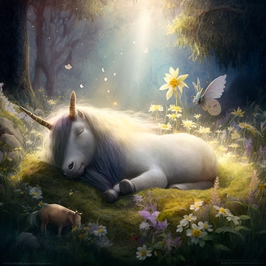 clip art style, A whimsical, bright, sun lit, magical meadow, with glowing dandilions, bumble bees, and a unicorn resting on a bed of moss, art inspired by Thomas Kincade
