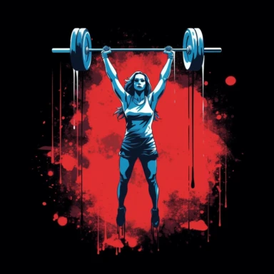 T shirt design, female olympic weightlifting lifting the barbell above head, gym, equipment, lights, clipart