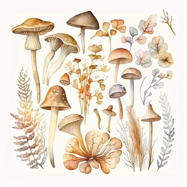 watercolor, mashrooms in pastel beige color, a lot of details, good quality illustration, clipart, white background