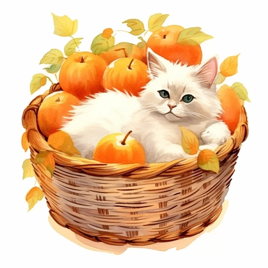 Watercolor birman colored kitten peacfully sleeping in a laundry basket clipart, birman breed, surrounded by oranges and orange leaf and branches, couple of oranges, high detail oranges, high quality drawing, high quality, body visible, summer colors, hairs are visible, variety of kitten type, summer day theme, valentines day theme, full body kitten, crawling in basket, peacefull fealing, childlike innocence and charm, peacefully sleeping cat, shy kitten, Oh my god its so cute, I can't believe h