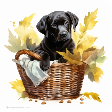 black yellow and chocolate labrador retriever puppy in basket with leaves, watercolor illustration, clipart, full body, hyper-realistic animal illustration, childlike, free brushwork, white background