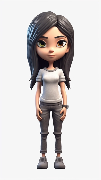 Front view of animated girl standing wearing t-shirt character design, full body, face drawing in top quality, high quality face drawing, clipart, full illustration, 4k, sharp focus, skin. Soft, symmetrical, detailed face, concept art, fairy tale style, Chibi Kawaii. Octane rendering, 3D, perfect face, detailed face, delicate face, perfectly sharp lips. Model, detailed eyes