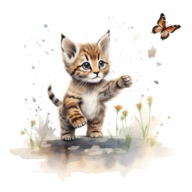 a captivating watercolor clipart image with a white background and earthy colors, featuring a baby bobcat chasing a butterfly, its curious nature and fleeting moments of pure bliss capturing the magic of the woodland