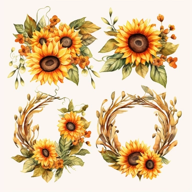 Watercolor Sunflowers Clipart, sunflower wreath, fall sunflower floral bouquets in PNG format instant download for commercial use