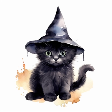 an adorable watercolor black kitten in a witch hat, solid white background clipart