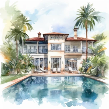 one watercolor villa, clipart, wedding venue, big windows, pool, miami style, bright colors, white background