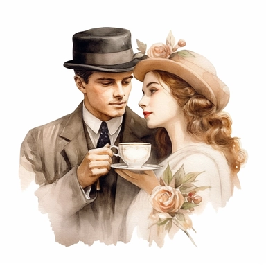 beauty couple drinking coffee, vintage cups, flower digital clipart on white background
