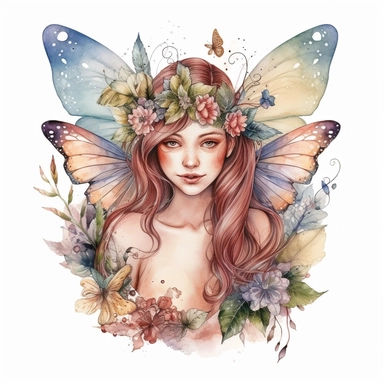 Magical fairy with delicate wings and flower crowns, watercolor clipart, isolated white background, high resolution, very detailed, 32k