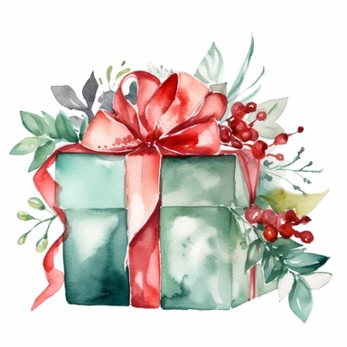 christmas present red and green clipart, watercolor illustration, white background