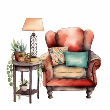 hand drawn watercolor , boho style ,living room,boho CEnd table, boho style details, boho colors, clipart, single object,png, sublimation, white background for removing background - - no text shadow font watermark