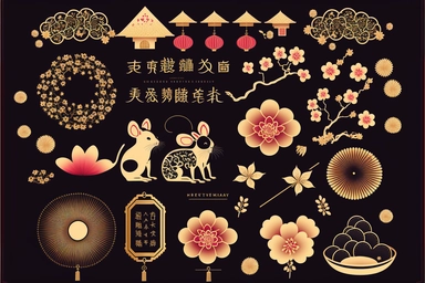 chinese new year design element set rat mouse fireworks cloud lantern flower blossom plum red gold gold coin zodiac signs symbol animal happy 2023 holiday lunar japanese korean vietnamese style traditional geometric text isolated clip art collection bundle silhouette hand-drawn art vector illustration graphic print concept flat line realistic high quality detailed