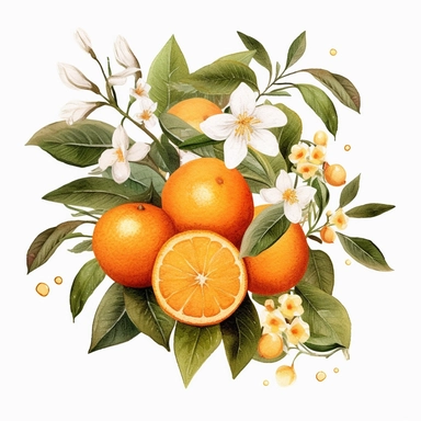 This highly detailed watercolor clipart features a captivating orange fruit surrounded by delicate leaves and blossoms in the background. The artwork exudes a serene and natural ambiance with its neutral color palette, presented against a clean white backdrop. The orange is meticulously rendered, showcasing its textured peel and vibrant hue, while the surrounding leaves and blossoms add a touch of botanical elegance. The watercolor technique adds depth and realism to the clipart, creating a visu
