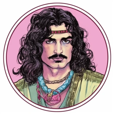 desert Persian Irish civilian, Josh Kirby Mad Max Lord of the Rings, handpainted enamel punk zine indie retrowave, clipart illustration, circle white background, circle border