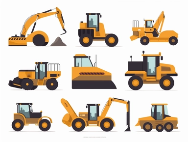 flat construction clip art for kids , escavator, backhoe digger, bulldozer, caterpillar, white background,