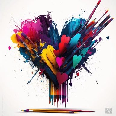 graphic clipart design, theme is “where the art is,” feature paintbrushes colored pencils paint palette, watercolor, flowing bold colors that make the shape of a heart, double exposure, hyper realistic, wide angle, depth of field, centered and isolated on a white background, 8k, logo