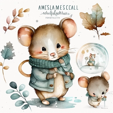 Watercolor Mouse Clipart PNG, Winter Animals Clipart, Nursery Clipart Commercial Use Clipart, Templett, Corjl & Canva Friendly