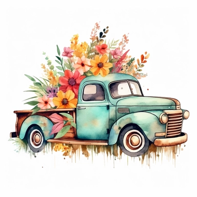 Watercolor Flower Truck Clipart Floral Truck Vintage Truck Clipart Junk Journal Farmhouse Clipart Floral Truck watercolor floral in bonnet or back with base grass rusty good color vehivles and colorful florals