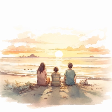 pastel boho beach sunset with family sitting looking at sea clipart, HD 4K Detail, white background