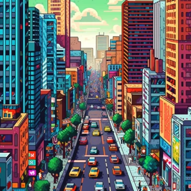 Create a pixelated clip art of a bustling cityscape. The city should be filled with towering skyscrapers, each window a tiny pixel of light. The streets should be filled with pixelated cars and people, each moving in their own direction. The pixelation should give the image a dynamic, energetic feel.