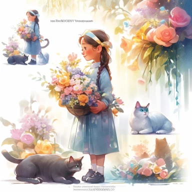 1 girl and cat, Little girl exploring, rainbow and flowers, illustration for book, children's book, 2 clipart, fiorucci angels, beautiful decoupage paper, pastel colors, clipartm, fantasy art, squirrel ears, perfect eyes, detailed body, Watercolor Clipart, strybk, full Illustration, 4k, sharp focus, watercolor, smooth soft skin, symmetrical, soft lighting, detailed face, concept art, watercolor style, strybk, children's style fairy tales, chibi kawaii, Octane rendering, 3d. Perfect face, detaile