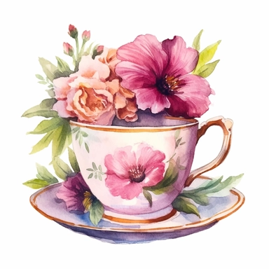 tea cup clipart with flowers, watercolor illustration, clean background