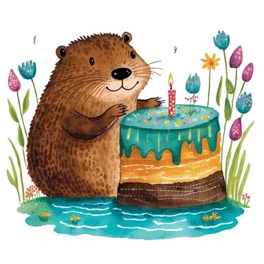 clipart, beautiful smiling,Beaver,with birthday cake, Usborne and Eric Carle,