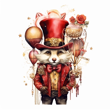 Steampunk Birthday Party Animal Clipart, crimson and gold color, Steampunk, watercolor, sweet, happy, high resolution, transparent white background no captions