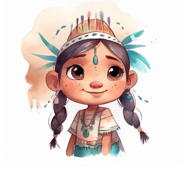 cute adorable little American Indian princess character watercolor clipart, disney, pixar