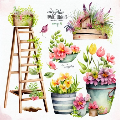 Watercolor Spring Planters Clipart - springtime cute planter boxes and garden ladders