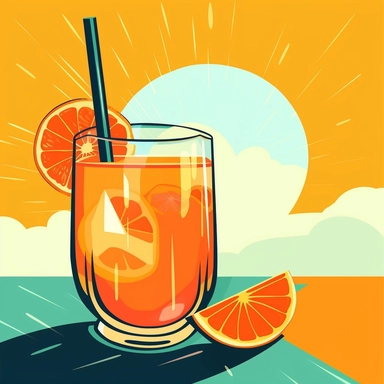 Create a playful clipart image of a glass of orange juice with a straw in it, sitting on a table with a slice of orange beside it. Use bright shades of orange and yellow to make the juice pop, and add a subtle gradient to the background to create depth. Make the overall vibe of the artwork fun and light-hearted, perfect for use in a summer-themed project or for advertising a new juice bar.