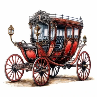A detailed image of a Victorian horse-drawn carriage, showcasing the rich wooden finish and intricate wheel design, Clipart, watercolor, white background, intricate detail.