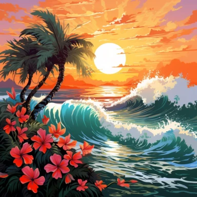 artwork majestic palm tree in digital painting style, beautiful flowers, sunrise mountain and clouds, big sea waves, water splashes, water splashes, white background, colorful fantasy flower surround, highly detailed clean, vector image, photorealistic master piece, professional photography, realistic, flat white background, isometric, vibrant vector, clipart, illustration, realism, 4k, cinematic, front view, white background