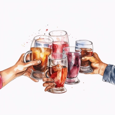 watercolor, Friends hands holding glasses and mugs with champagne, wine, beer, cocktail and tea, and cheers or drinking toast to friendship. png Full body realistic cartoon in 32K UHD cute. 15 cm thick outline. Black color. There was no shadow on the ground. 8k with realistic watercolors and detailed illustrations. PNG clipart, transparent white background