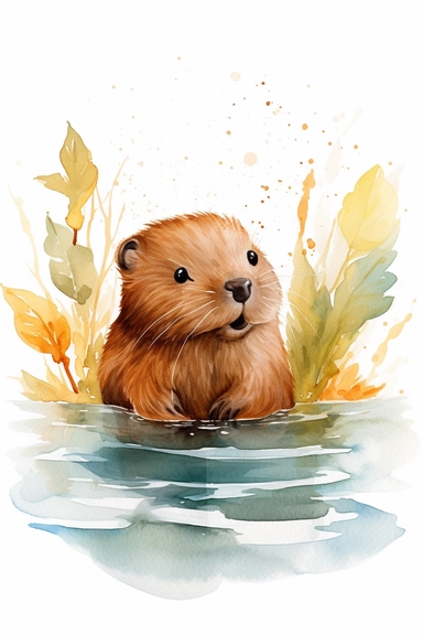 Watercolor Clipart, cute Baby beaver in water, isolated white background