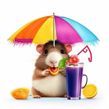 hyper-detailed clipart illustration of a happy Guinea Pig, sitting on a beach chair, wearing sunglasses and sipping a cold drink with a funny hat and a tiny paper umbrella, extreme close-up view, isolated on white background with margins, Studio Ghibli-style,