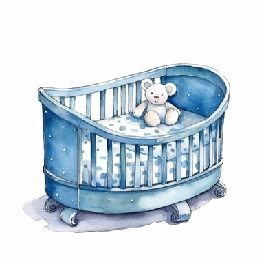 blue baby crib, illustration clipart, high detailed, white background, digital art, watercolor